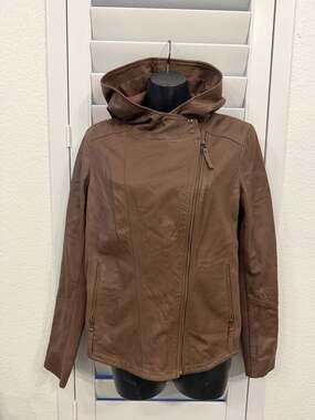 Hinge Leather Hooded Moto Jacket Women Size 1 Brown Asymmetrical Zip Nordstrom